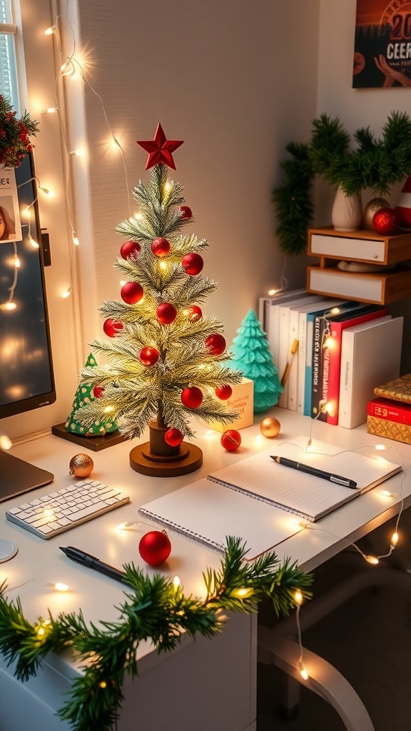An office desk decorated for Christmas with a small tree, lights, ornaments, and festive stationery.